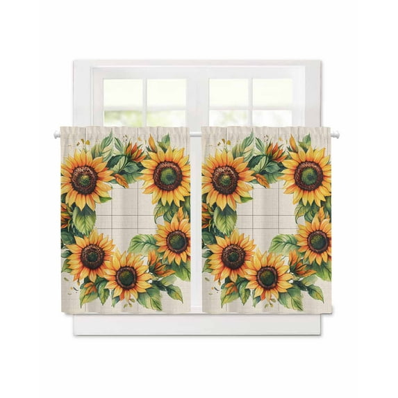 Spring Sunflower Wreath Short Blackout Curtains 36 Inch Long Watercolor Floral Linen Texture Rod Pocket Kitchen Curtains, 2 Panels Thermal Insulated Room Darkening Drapes for Bedroom, 30"W x 36"L
