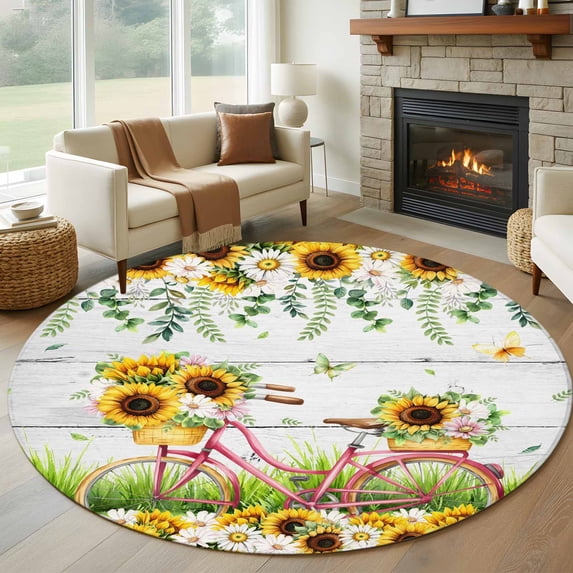 Spring Sunflowers 6ft Round Rugs, Country Bicycles Yellow Flowers Wooden Washable Non-Slip Area Rugs for Living Room Bedroom Kitchen, Soft Low Pile Dining Room Kicthen Circle Carpet, Indoor Floor Rug