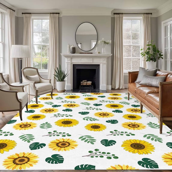 Spring Sunflowers Area Rug 6x9 Washable Rug Non Slip Green Leaves Yellow Floral Rustic Botanical Large Area Rug Soft Stainresistant Indoor Floor Carpet for Living Room Bedroom Home Office Dining Room