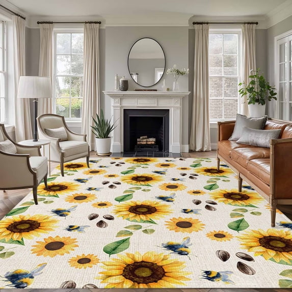 Spring Sunflowers Area Rugs 5'x7', Washable Small Throw Rugs for Laundry Room Playroom, Country Floral Bees Rustic Botanical Indoor Outdoor Rug Non-Slip Low Pile Carpet Runner Reversible Floor Mats