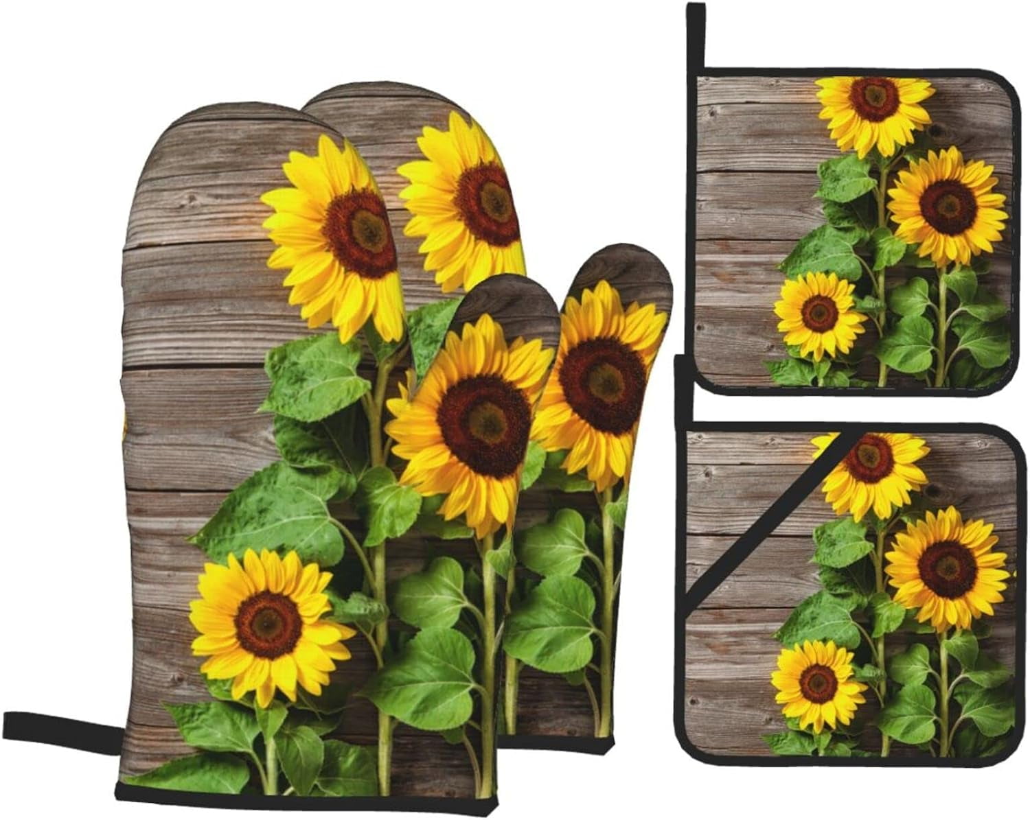 Spring Sunflowers On Board Oven Mitts and Pot Holders Sets of 4 High Heat Resistant Summer Flowers Vintage Oven Mitts with Oven Gloves and Hot Pads Potholders for Kitchen BBQ Non-Slip Cooking Mitts