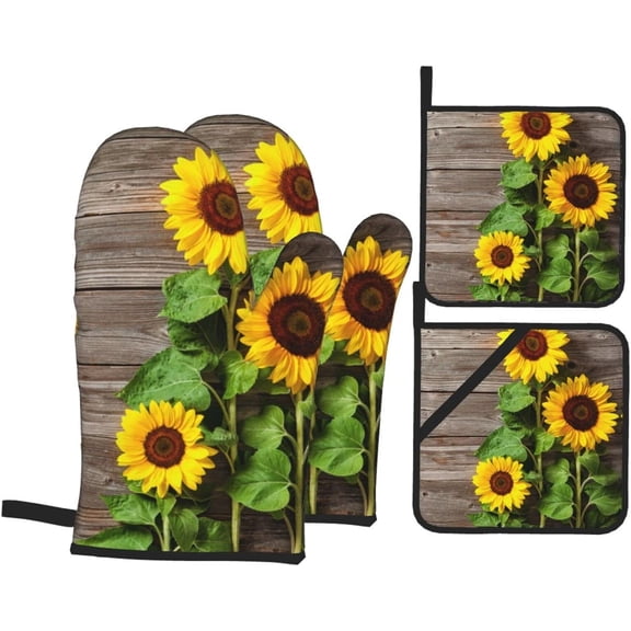 Spring Sunflowers On Board Oven Mitts and Pot Holders Sets of 4 High Heat Resistant Summer Flowers Vintage Oven Mitts with Oven Gloves and Hot Pads Potholders for Kitchen BBQ Non-Slip Cooking Mitts