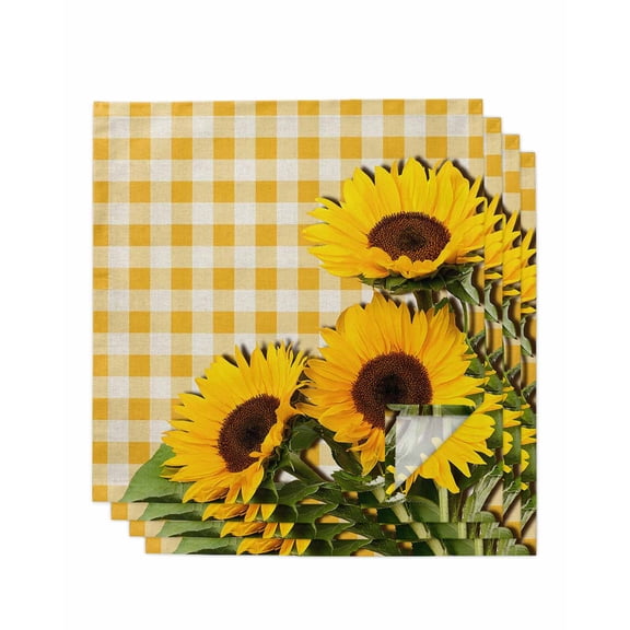 Spring Sunflowers Cloth Napkins Set of 4 Reusable Dinner Napkins, Yellow White Plaid Farmhouse Rustic Cocktail Napkin Washable Table Napkins for Wedding/Holiday Party/Baby Shower 20"x20"