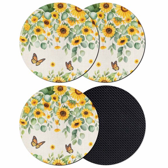 Spring Sunflowers Coasters Set of 4, Absorbent Coasters for Drinks, Eucalyptus Leaves Flowers Butterfly Beige Coaster for Desk Coffee Table Protection, Home Decor House Warming Gifts 4"