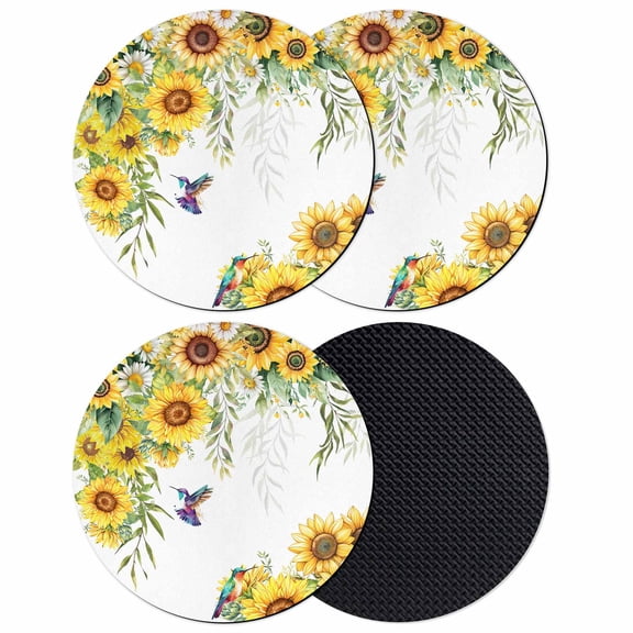Spring Sunflowers Coasters Set of 4, Birds Watercolor Botanical Garden Floral Absorbent Coasters for Drinks, Coaster for Bar Office Dining Coffee Table Accessories Decor, Non Slip Round Desk Coaster