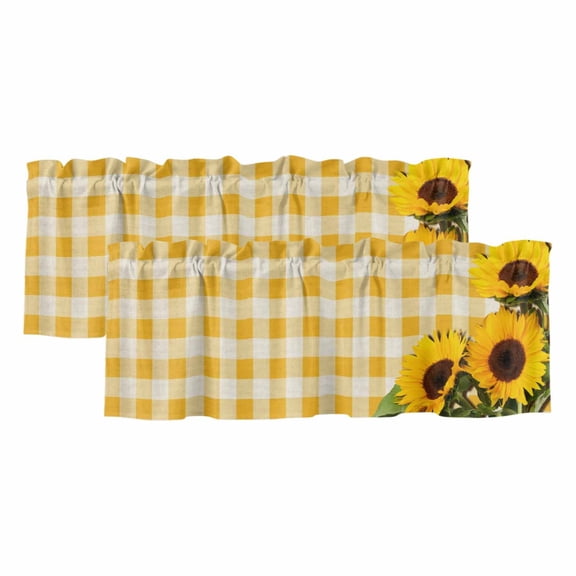 Spring Sunflowers Curtain Valances for Windows, Kitchen Valance Window Treatments Panel 2 Pack, Yellow White Plaid Farmhouse Rustic Rod Pocket Short Curtains for Bathroom Bedroom 42 x 12 Inch