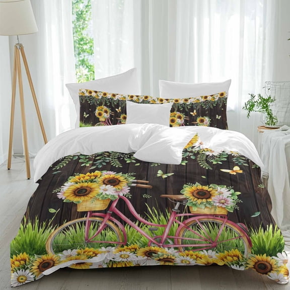 Spring Sunflowers Daisy Butterflies Bicycles Queen Size Bed Set,Farm Botantical Bedding for All Seasons,4 Pcs Bed Set,1 Quiltcover(90"x92"),1 Sheet(94"x116"),2 Pillowcases(30"x20")