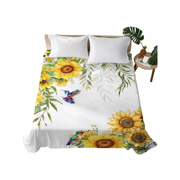 Spring Sunflowers Flat Sheet Only Twin Size, Soft Breathable Bed Top Sheets for Mattress, Birds Watercolor Botanical Garden Floral Luxury Bedding Flat Sheets for Home Hotel Bedroom Bed Protection