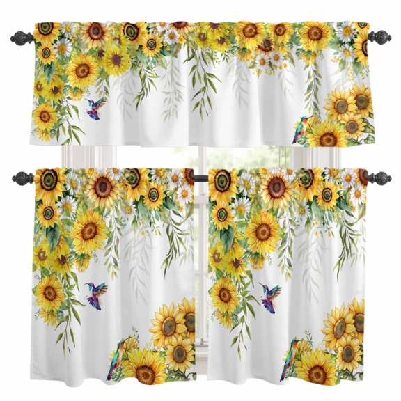 Spring Sunflowers Kitchen Curtains Sets for Windows 36 Inch Length, Birds Watercolor Botanical Garden Floral Rod Pocket Window Treatments Tier Curtains and Valances Set for Bedroom/Bathroom