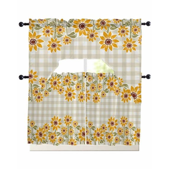 Spring Sunflowers Kitchen Curtains Swag Valance and Tier Curtains Set 36 Inch Length, Plaid Vintage Botanical Painting Rod Pocket Drape Panels Pair Swag Curtain for Bathroom/Cafe/Window