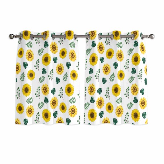 Spring Sunflowers Kitchen Curtains Window Panels, Green Leaves Yellow Floral Rustic Botanical Insulated Window Treatment Curtain, Grommet Curtains for Bedroom/Living Room/Bathroom, 2 Piece 42"Wx45"L