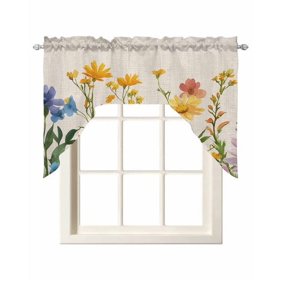 Spring Sunflowers Kitchen Swag Valances for Windows, Pastoral Botanical Floral Leaf Plant Beige Swag Valances Curtains for Living Room, Rod Pocket Window Treatments for Bathroom, Bedroom, 56"x36"