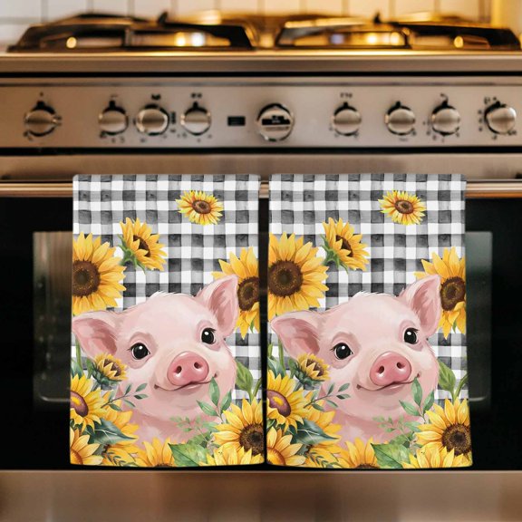 Spring Sunflowers Kitchen Towels Set of 2, Country Pig Plants Animals Farmhouse Plaid Absorbent Dish Towels for Kitchen, Microfiber Hand Towel, Quick Drying Tea Towel for Cleaning Dishcloths