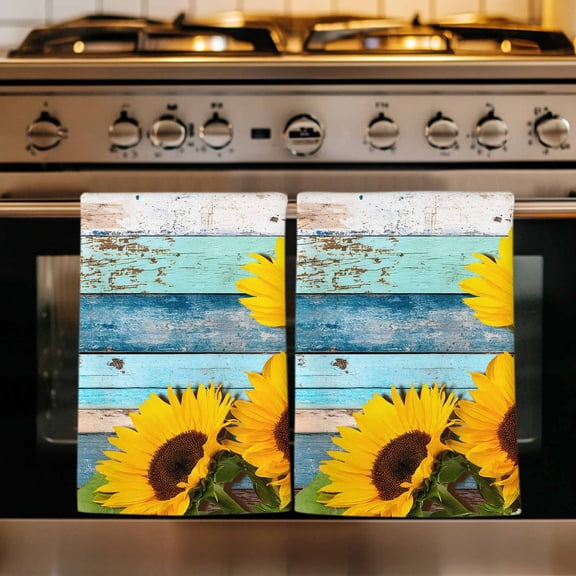 Spring Sunflowers Kitchen Towels Set of 2, Yellow Floral Turquoise Farmhouse Wood Grain Absorbent Dish Towels for Kitchen, Microfiber Hand Towel, Quick Drying Tea Towel Decorative Dishcloths
