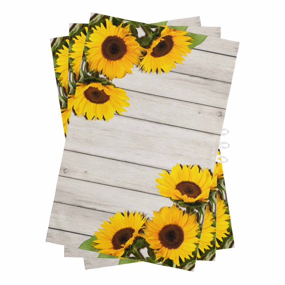 Spring Sunflowers Kitchen Towels Set of 3, Water Absorbent Dish Towel, Yellow Floral Turquoise Farmhouse Grey Wooden Decorative Hand Towels - Quick Drying Cloth for Cooking Baking, 18x28 Inch