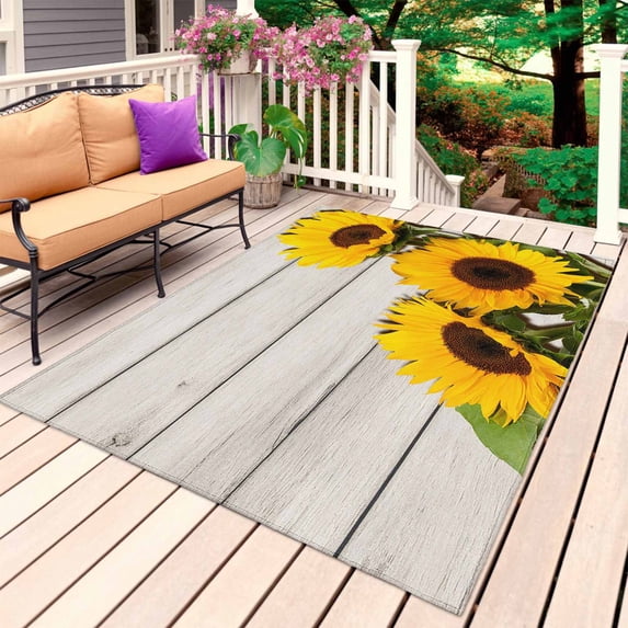 Spring Sunflowers Outdoor Rug 6x9 Ft, Non Slip Washable Area Rug, Yellow Floral Turquoise Farmhouse Grey Wooden Patio Rugs Carpet Runner, Large Floor Mat for Indoor/Outdoor Deck Porch Camping