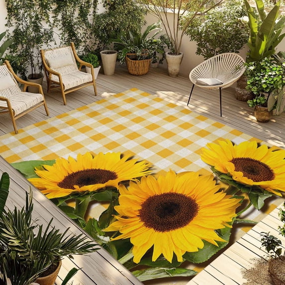 Spring Sunflowers Outdoor Rug for Patio/Deck/Porch, Non-Slip Large Area Rug 3 x 5 Ft, Yellow White Plaid Farmhouse Rustic Indoor Outdoor Rugs Washable Area Rugs, Reversible Camping Rug Carpet Runner