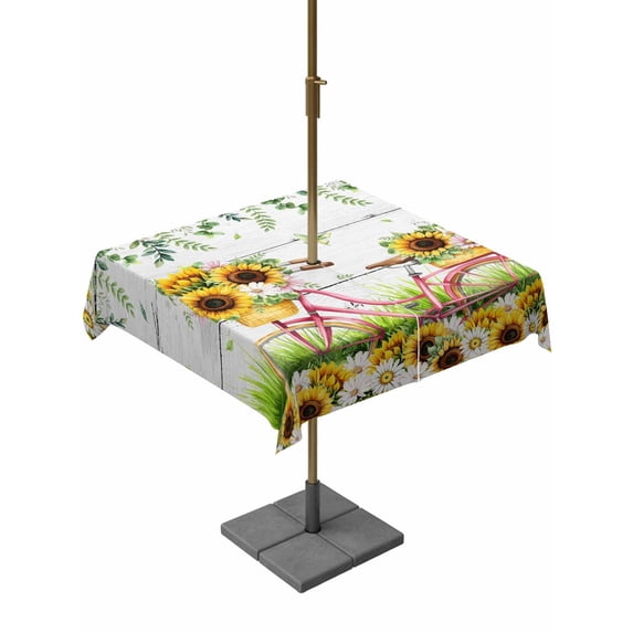 Spring Sunflowers Outdoor Tablecloth - 54x54 Inch Square Dining Table Cover, Country Bicycles Yellow Flowers Wooden Waterproof Outdoor Table Cloth with Umbrella Hole & Zipper for Picnic/Patio/Party