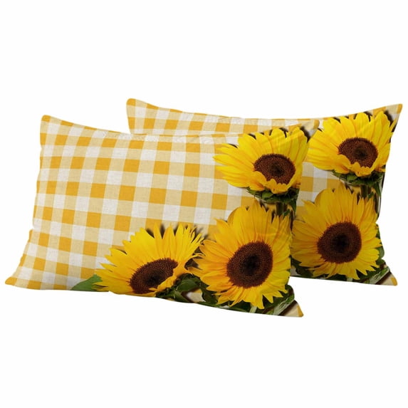 Spring Sunflowers Outdoor Waterproof Pillow Covers, Yellow White Plaid Farmhouse Rustic Decorative Rectangle Throw Pillowcase Sofa Cushion Sham for Patio/Couch/Chair, 20"x12" 2 Pack
