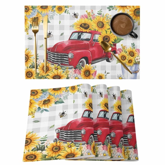 Spring Sunflowers Placemats Set of 12, Car Bee Farmhouse Pastoral Rustic Placemats for Dining Table, Place Mats for Kitchen Tabletop, Waterproof Wipeable Dining Table Mats Set