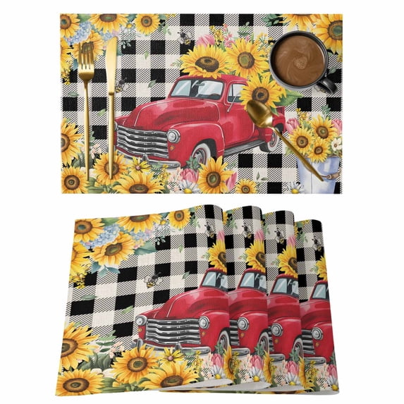 Spring Sunflowers Placemats Set of 6, Car Farm Plaid Country Retro Art Placemats for Dining Table, Place Mats for Kitchen Tabletop, Waterproof Wipeable Dining Table Mats Set