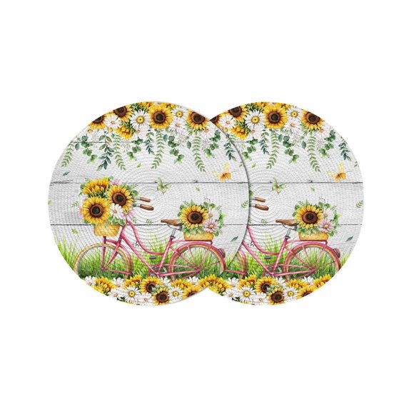 Spring Sunflowers Round 13 Inch Placemats Set of 2, Country Bicycles Yellow Flowers Wooden HeatResistant Non Slip Place Mats for Dining Table, Wipeable Braided Kitchen Table Mats for Housewarming