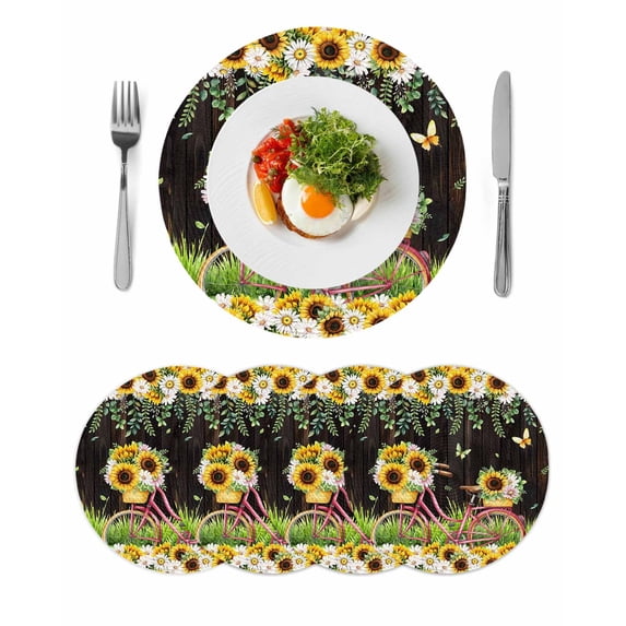 Spring Sunflowers Round 13 Inch Placemats Set of 4, Bicycles Botanical Flowers Wooden Grain HeatResistant Non Slip Place Mats for Dining Table, Wipeable Braided Kitchen Table Mats for Housewarming