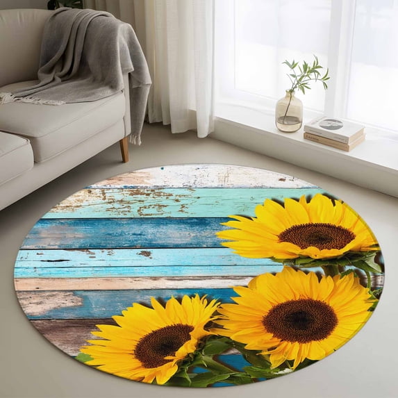 Spring Sunflowers Round Area Rug 3Ft Washable Small Circle Rugs for Kitchen Entryway, Yellow Floral Turquoise Farmhouse Wood Grain Non-Slip Carpet Floor Mats Indoor Outdoor Carpet Runner Home Decor