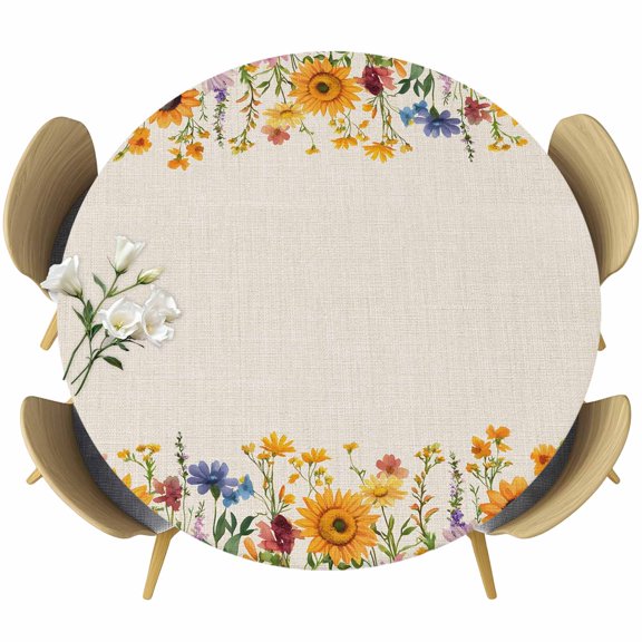 Spring Sunflowers Round Tablecloth 36-44 Inch Round Fitted Table Cloth with Elastic Edge, Pastoral Botanical Floral Leaf Plant Beige Waterproof Table Cover Protector for Outdoor Picnic Party Dining