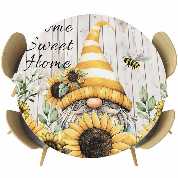 Spring Sunflowers Round Tablecloth, Fitted Table Cover with Elastic for 45"-54" Round Tables, Yellow Dwarf Bee Wood Vintage Table Cloth Outdoor Indoor Dinning Party Waterproof Tablecloths