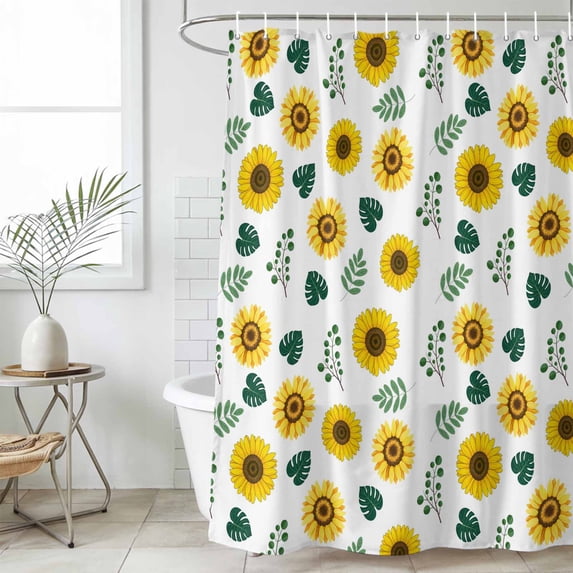 Spring Sunflowers Small Stall Shower Curtain, Waterproof Shower Curtains for Bathroom, Green Leaves Yellow Floral Rustic Botanical Washable Fabric Bath Curtain for Bathtub with Hooks 36x78 Inches