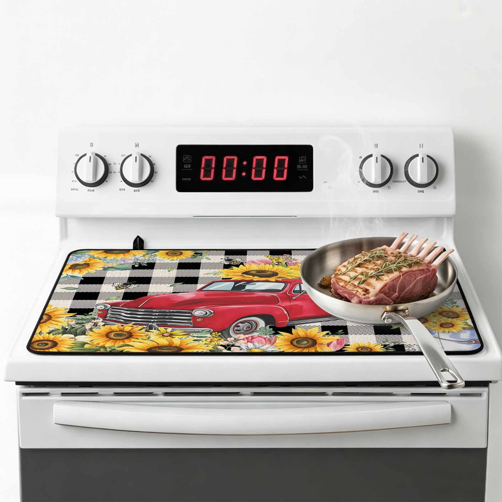 Spring Sunflowers Stove Top Cover for Electric Stove, Heat-proof & Non Slip Glass Top Stove Cover Protector, Car Farm Plaid Country Retro Art Kitchen Flat Cooktop Rubber Mat 31x24 Inches