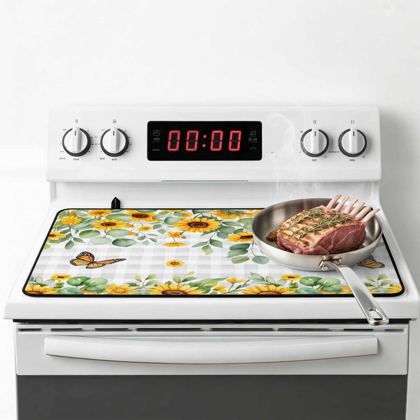 Spring Sunflowers Stove Top Cover for Electric Stove, Heat-proof & Non Slip Glass Top Stove Cover Protector, Eucalyptus Leaves Butterfly Flowers Plaid Kitchen Flat Cooktop Rubber Mat 24x21 Inches