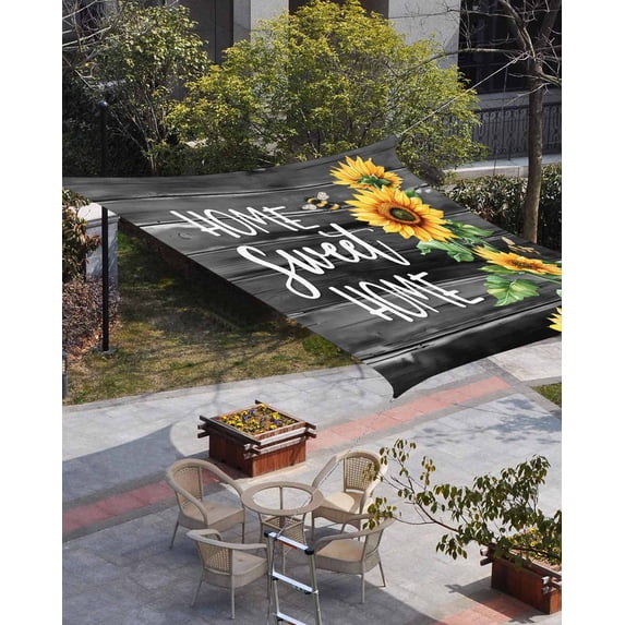 Spring Sunflowers Sun Shade Sail 6.5'x10' Rectangle Outdoor Shade Canopy, Black Wooden Grain Country Farm Porch Shades Outdoor Sun Blocking Screen, Sunshade Cloth Covers for Patio/Deck/Garden