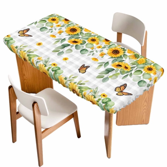 Spring Sunflowers Table Cloths for 4 Foot Rectangle Tables, Eucalyptus Leaves Butterfly Flowers Plaid Patio Waterproof Elastic Fitted Tablecloths, Washable Rectangular Table Cover for Camping