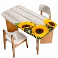 thumbnail image 1 of Spring Sunflowers Table Cloths for 5 Foot Rectangle Tables, Yellow Floral Turquoise Farmhouse Grey Wooden Patio Waterproof Elastic Fitted Tablecloths, Washable Rectangular Table Cover for Camping, 1 of 8