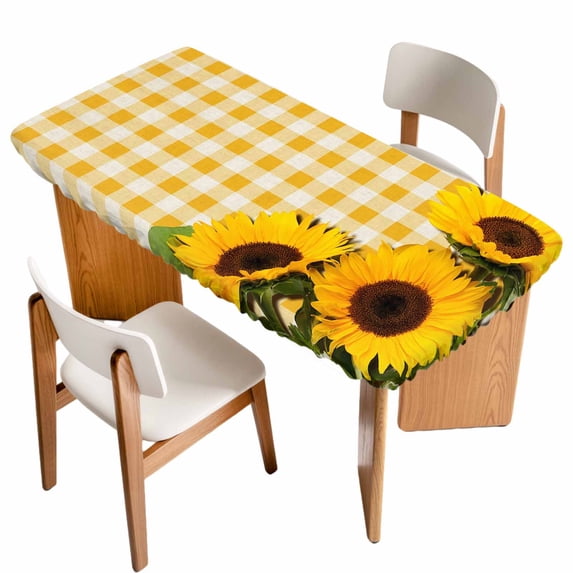 Spring Sunflowers Table Cloths for 6 Foot Rectangle Tables, Yellow White Plaid Farmhouse Rustic Patio Waterproof Elastic Fitted Tablecloths, Washable Rectangular Table Cover for Camping