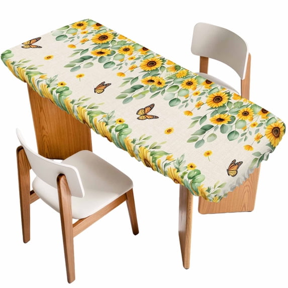Spring Sunflowers Table Cloths for 8 Foot Rectangle Tables, Eucalyptus Leaves Flowers Butterfly Beige Patio Waterproof Elastic Fitted Tablecloths, Washable Rectangular Table Cover for Camping