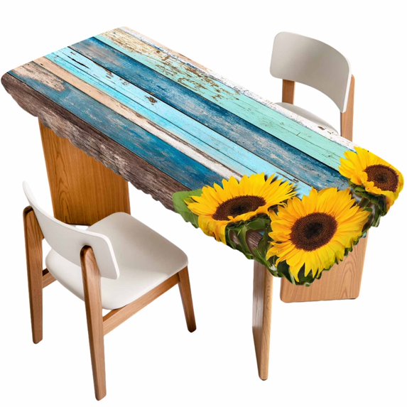 Spring Sunflowers Table Cloths for 8 Foot Rectangle Tables, Yellow Floral Turquoise Farmhouse Wood Grain Patio Waterproof Elastic Fitted Tablecloths, Washable Rectangular Table Cover for Camping