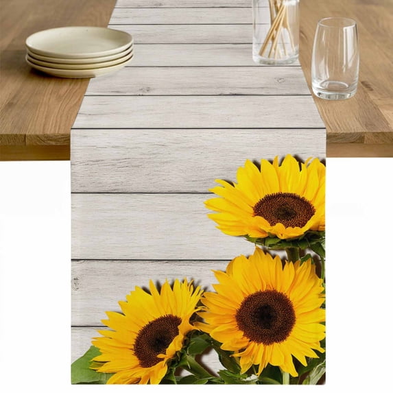 Spring Sunflowers Table Runner - 108 Inch Long Yellow Floral Turquoise Farmhouse Grey Wooden Cotton and Linen Blended Dress Scarves Farmhouse Table Runner for Kitchen Dining, Coffee Table, 13" x 108"
