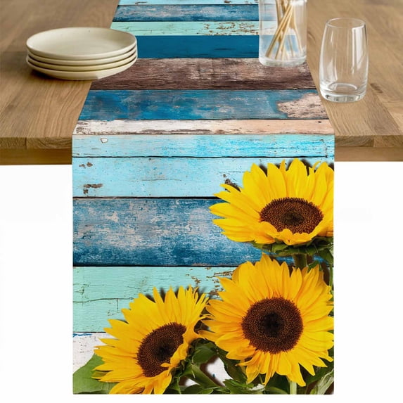 Spring Sunflowers Table Runner - 108 Inch Long Yellow Floral Turquoise Farmhouse Wood Grain Cotton and Linen Blended Dress Scarves Farmhouse Table Runner for Kitchen Dining, Coffee Table, 13" x 108"