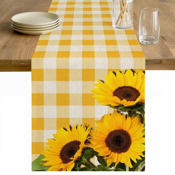 Spring Sunflowers Table Runner - 108 Inch Long Yellow White Plaid Farmhouse Rustic Cotton and Linen Blended Dress Scarves Farmhouse Table Runner for Kitchen Dining, Coffee Table, 13" x 108"