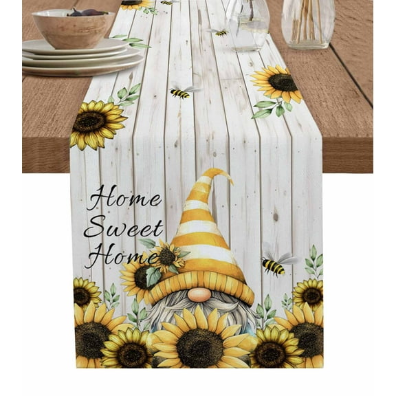 Spring Sunflowers Table Runner 48 Inches, Yellow Dwarf Bee Wood Vintage Bed Runner Dresser Scarves Tabletop for Indoor Outdoor Parties/Ceremony/Banquet, 13" x 48"