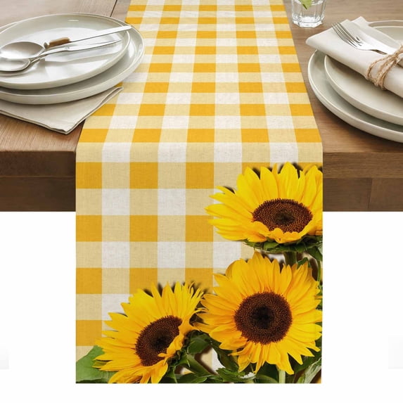 Spring Sunflowers Table Runner - 70 Inch Long, Kitchen Dining Table Runner Dresser Scarves, Yellow White Plaid Farmhouse Rustic Farmhouse Decor for Coffee Tables Wedding Party Banquet