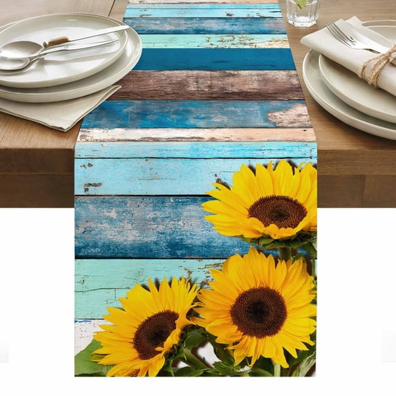 Spring Sunflowers Table Runner - 72 Inch Long, Kitchen Dining Table Runner Dresser Scarves, Yellow Floral Turquoise Farmhouse Wood Grain Farmhouse Decor for Coffee Tables Wedding Party Banquet