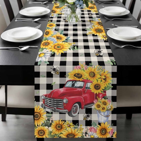 Spring Sunflowers Table Runner 72 Inches Long, Car Farm Plaid Country Retro Art Kitchen Coffee Dining Table Decoration for Home Party Birthday Wedding Home Decor 13x72 Inches