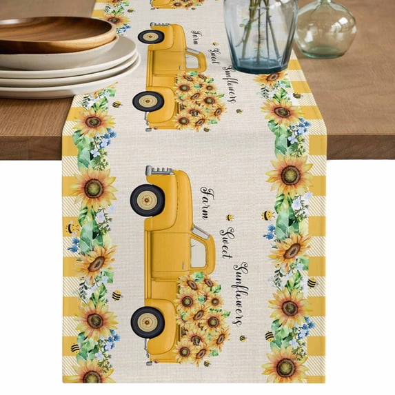 Spring Sunflowers Table Runner 90 Inches, Summer Botanical Yellow Truck Plaid Bed Runner Dresser Scarves Tabletop for Indoor Outdoor Parties/Ceremony/Banquet, 13" x 90"