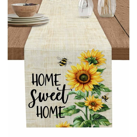 Spring Sunflowers Table Runner Cotton Linen 48 Inch Holiday Dresser Scarves, Bee Beige Farm Country Rustic Tablerunner for Kitchen Coffee Dining Bedroom Home Living Room Dinner Scarf Décor 13''x48''