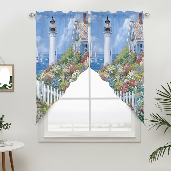 Spring Swag Curtain Valance for Windows, Colorful Flowers Town Beacon Ocean Country Scenery Window Treatments Short Swag Topper for Kitchen Windows Bathroom Bedroom, 28"x36"