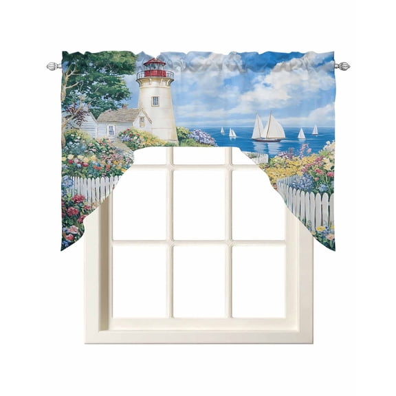 Spring Swag Valances for Windows 56 x 36 Colorful Flowers Beacon Ocean House Pastoral Scenery Rod Pocket Light Filtering Window Topper for Kitchen Bathroom Bedroom Living Room